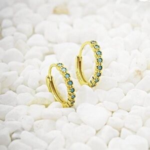 Gold Hoop Huggies with Blue Stones